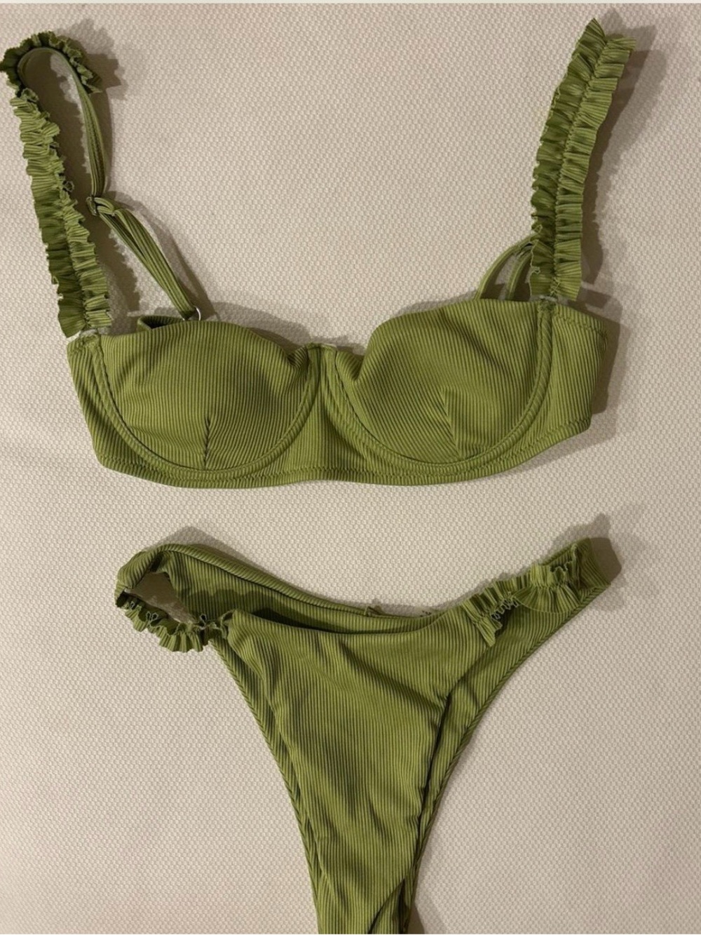 Olive Green Ruffled Ribbed Bikini Set